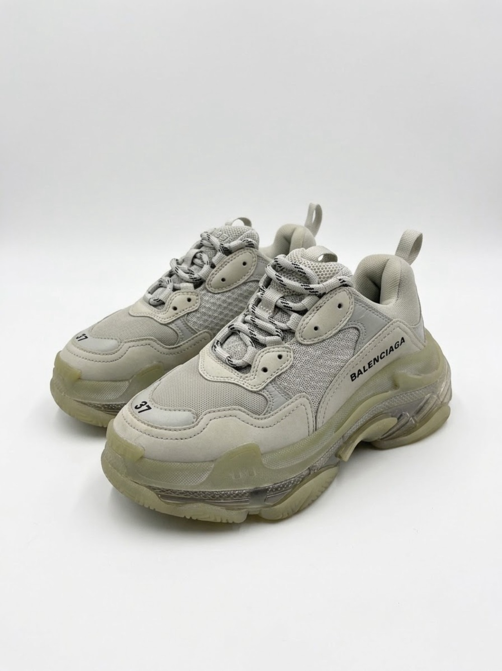 Balenciaga Women’s Triple S Sneaker in Light Beige and Translucent Clear Sole